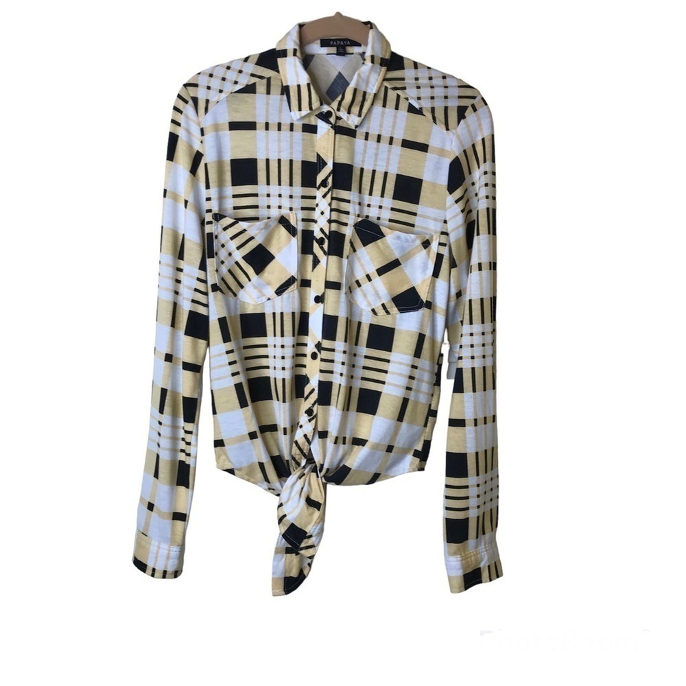 Papaya Womens Button Front‎ Shirt Size L Yellow Black Plaid Roll Tab Tie Hemline